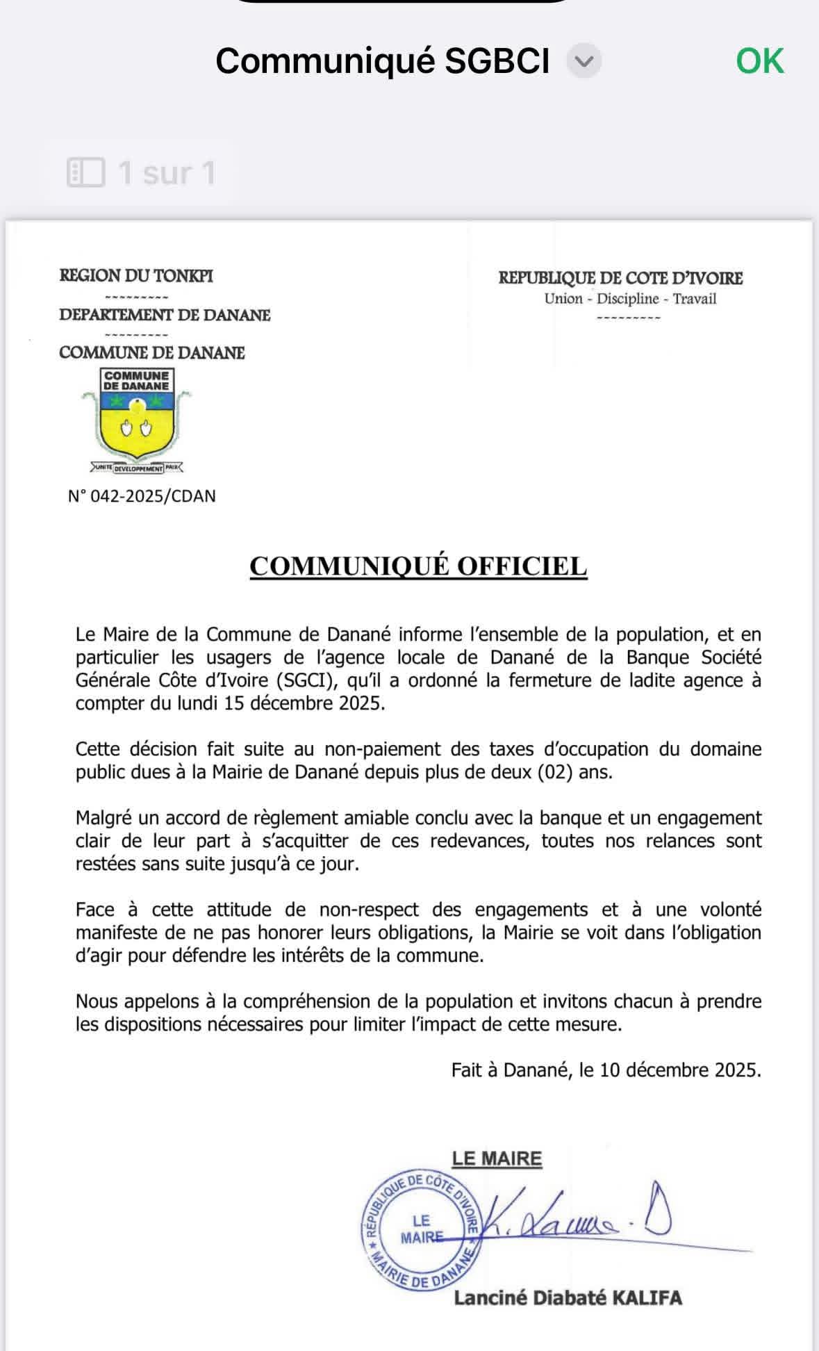 Communiqué de la mairie de Danané 